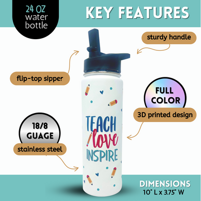 Teach Love Inspire Water Bottle - Teacher Mug, Tumbler, Cup - Teacher Appreciation Gifts for Teachers, Gift Ideas for Birthday, New Teachers