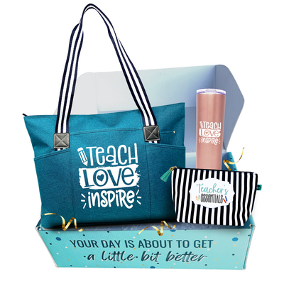 Brooke and Jess Designs Teacher Gift Box - Teach Love Inspire Tessa Tote Bag, 20 oz Skinny Tumbler, Magnet Bundle Gift Set