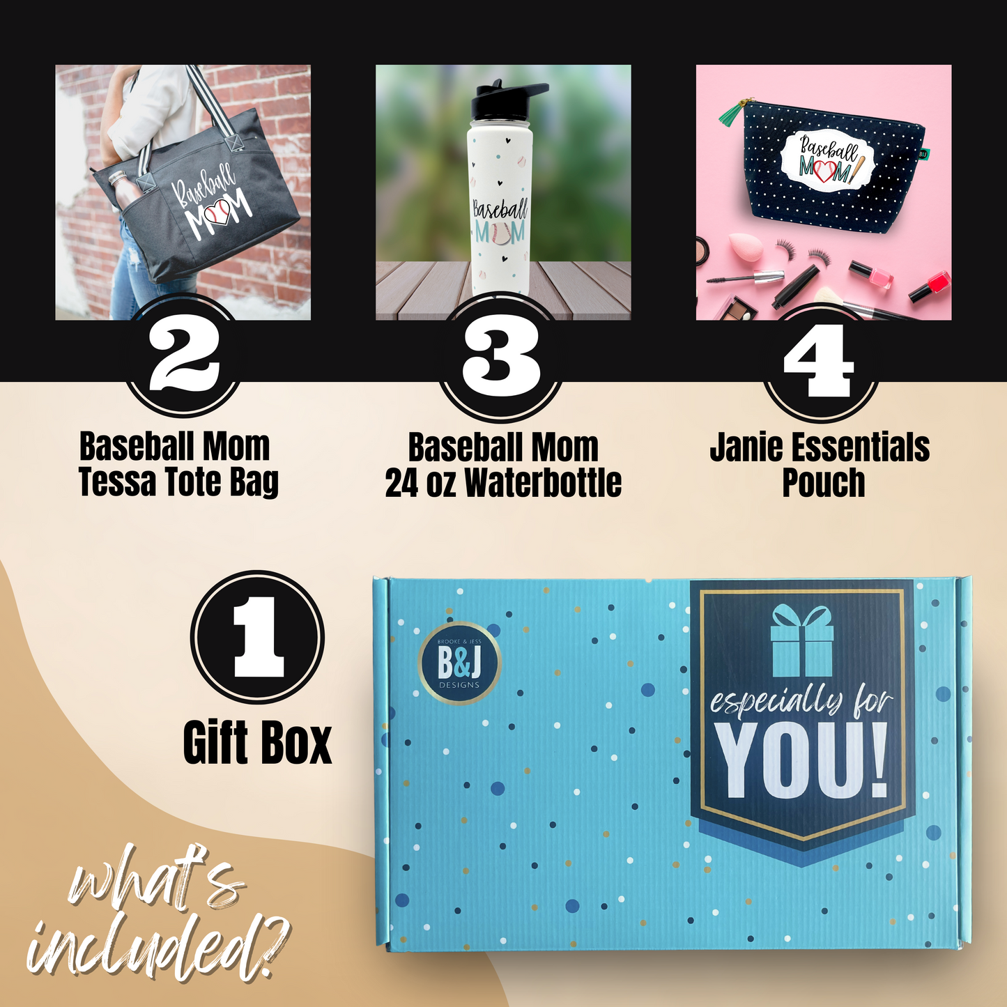 Brooke and Jess Designs - Baseball Mom Tessa Black Tote Bag, 24 oz Waterbottle Tumbler, and Janie Makeup Cosmetic Bag Gift Box Set