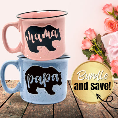 Mama Bear Coffee Mug for Mom, Mother, Wife - Cute Coffee Cups for Women - Unique Fun Gifts for Her, Mother's Day, Christmas (Mama Bear Coral and Papa Bear Light Blue Gift Set)