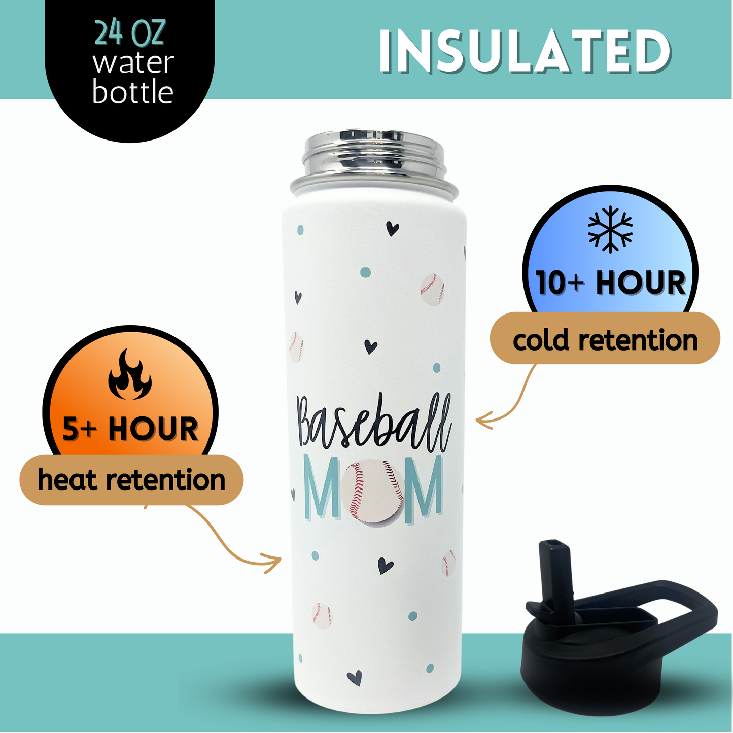 Baseball Mom Water Bottle Gift- Large Insulated Water Bottle with Straw - Stainless Steel Metal 24 oz Travel Cup for Mom, Mama, Mother, Wife, Women | Keeps Hot and Cold for Hours