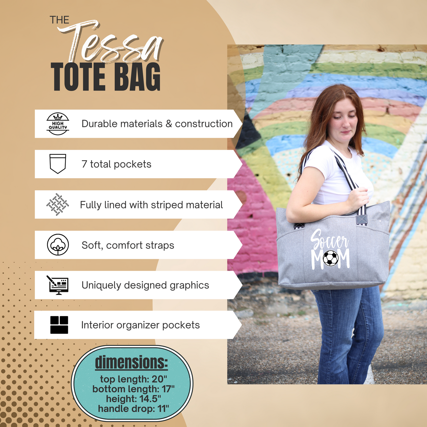 Brooke and Jess Designs - Soccer Mom Tessa Black Tote Bag, 24 oz Waterbottle Tumbler, and Janie Makeup Cosmetic Bag Gift Box Set