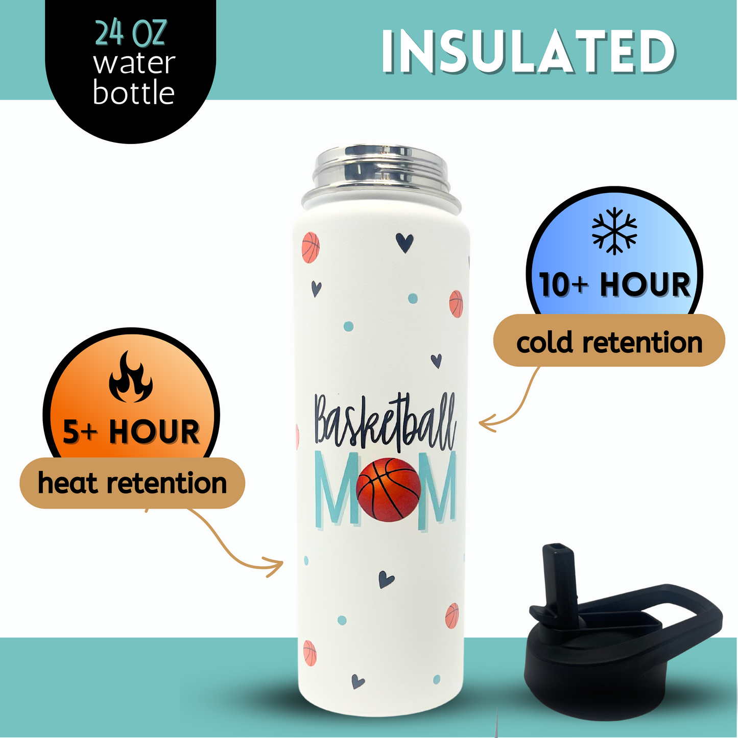 Basketball Mom Water Bottle Gift - Large Insulated Water Bottle with Straw - Stainless Steel Metal 24 oz Travel Cup for Mom, Mama, Mother, Wife, Women | Keeps Hot and Cold for Hours