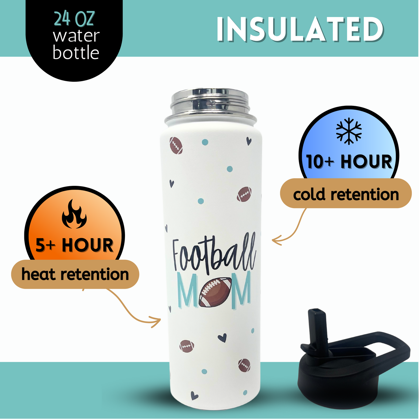 Football Mom Water Bottle Gift - Large Insulated Water Bottle with Straw - Stainless Steel Metal 24 oz Travel Cup for Mom, Mama, Mother, Wife, Women | Keeps Hot and Cold for Hours