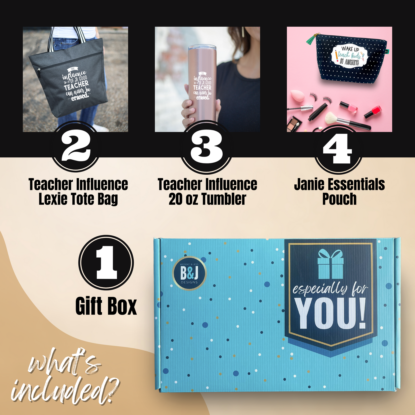 Brooke and Jess Designs Teacher Gift Box - Teacher Influence Tote, 20 oz Skinny Tumbler, and Magnet Bundle Gift Set
