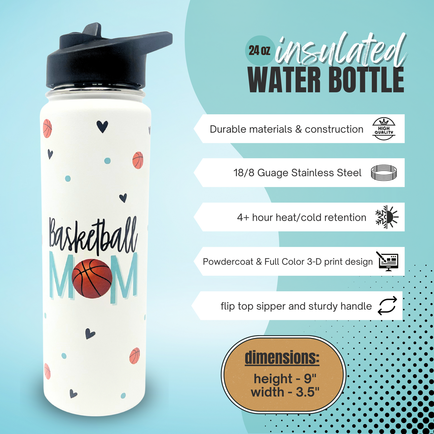 Brooke and Jess Designs - Basketball Mom Lexie Gray, 24 oz Waterbottle Tumbler, and Janie Makeup Cosmetic Bag Gift Box Set