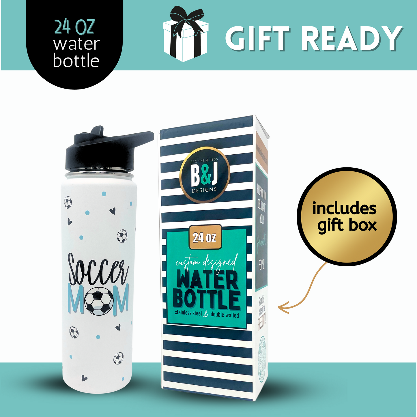 Brooke & Jess Designs Soccer Mom Tumbler Gifts - Large Insulated Water Bottle with Straw - Stainless Steel Metal 24 oz Travel Cup for Mom, Mama, Mother, Wife, Women | Keeps Hot and Cold for Hours
