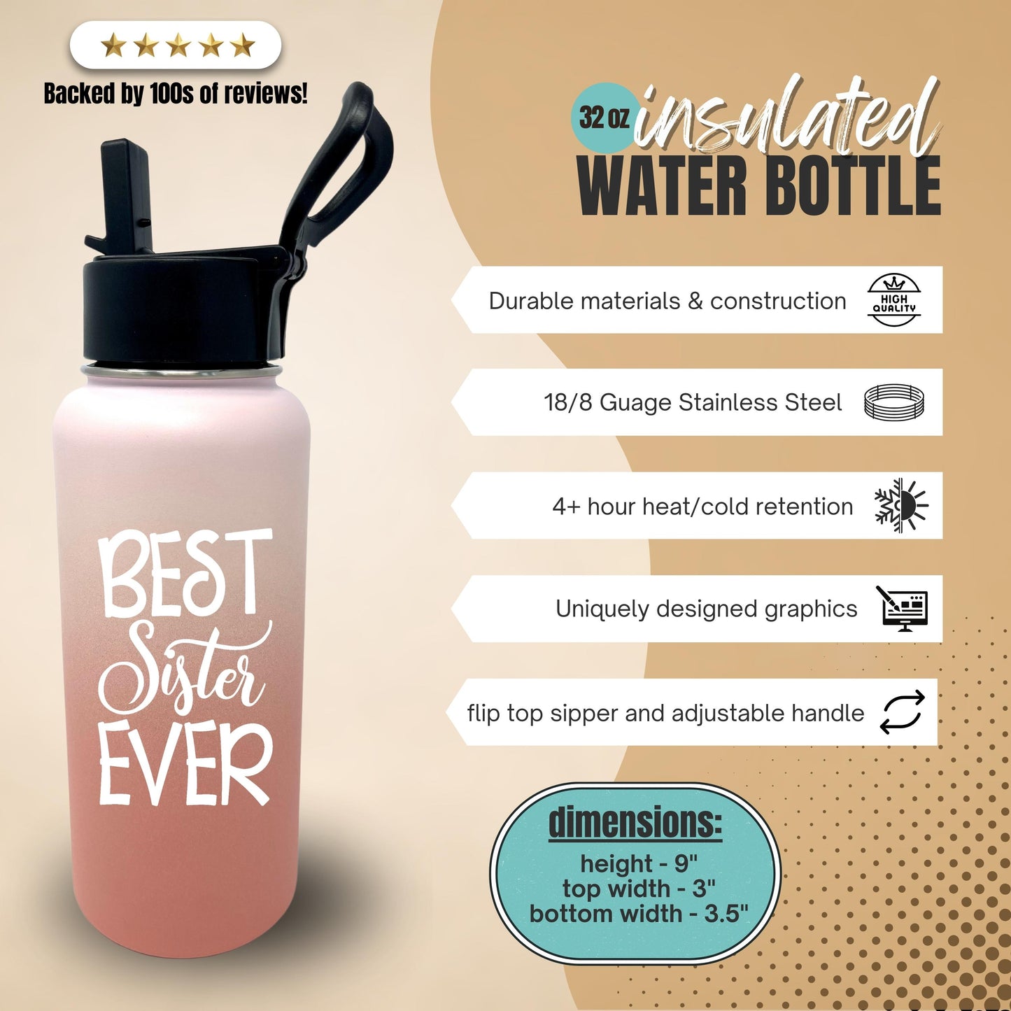 Brooke and Jess Designs Sister Gift Box - Best Sister Ever Tessa, 32 oz Tumbler Waterbottle, and Keychain Gift Box Set