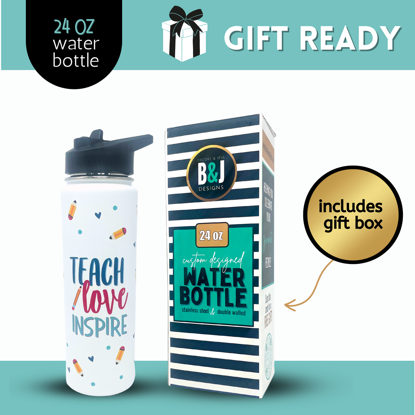 Teach Love Inspire Water Bottle - Teacher Mug, Tumbler, Cup - Teacher Appreciation Gifts for Teachers, Gift Ideas for Birthday, New Teachers