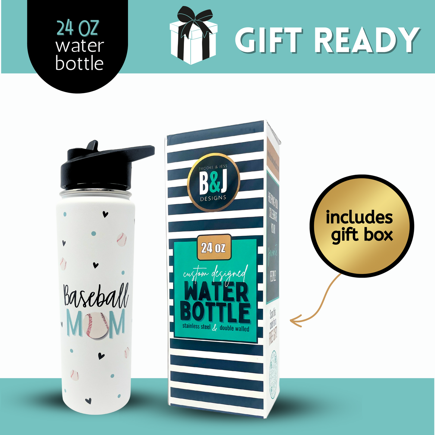 Baseball Mom Water Bottle Gift- Large Insulated Water Bottle with Straw - Stainless Steel Metal 24 oz Travel Cup for Mom, Mama, Mother, Wife, Women | Keeps Hot and Cold for Hours