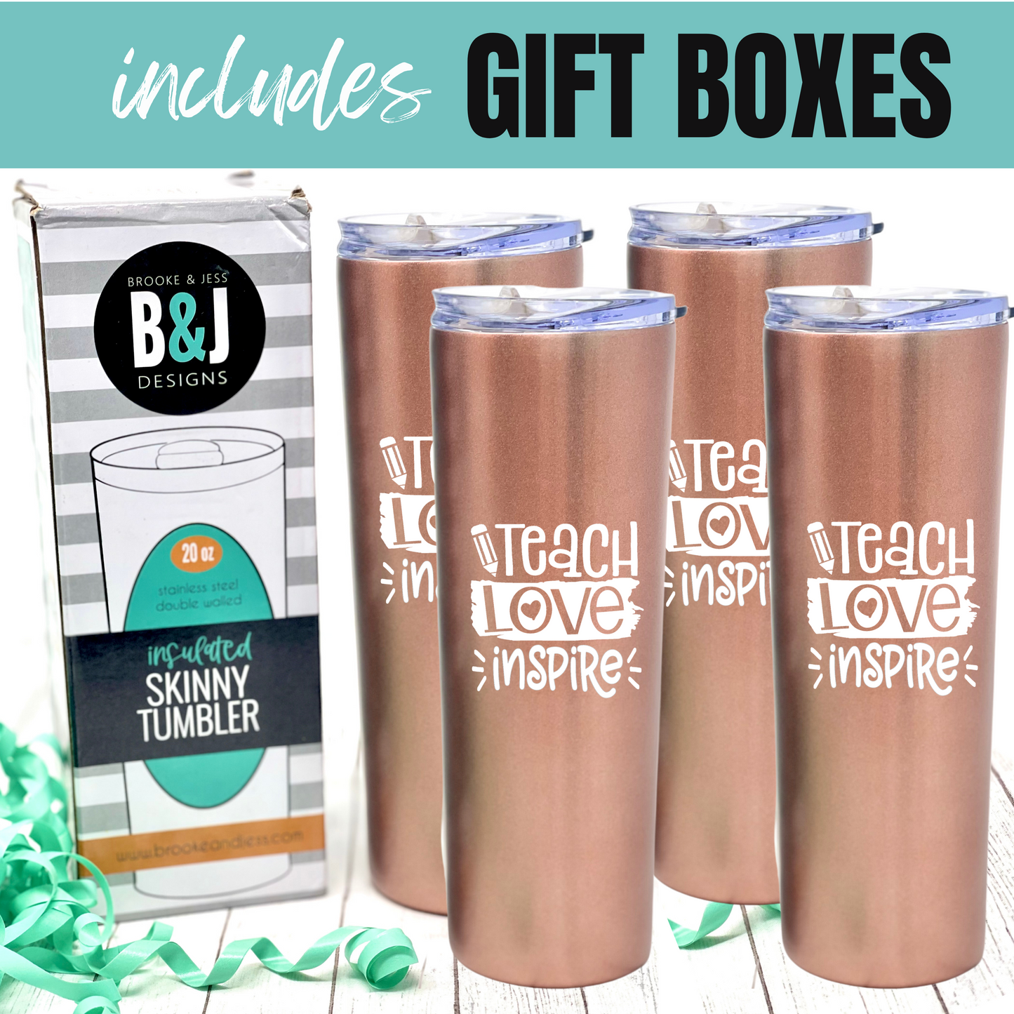 Cute Fun Unique Tumblers for Teachers - Double Walled Vacuum Sealed 20 oz Skinny Stainless Steel - Great Gift for Teachers, Educators, Teacher Appreciation Day (Teach Love Inspire Rose Gold 4 Pack)