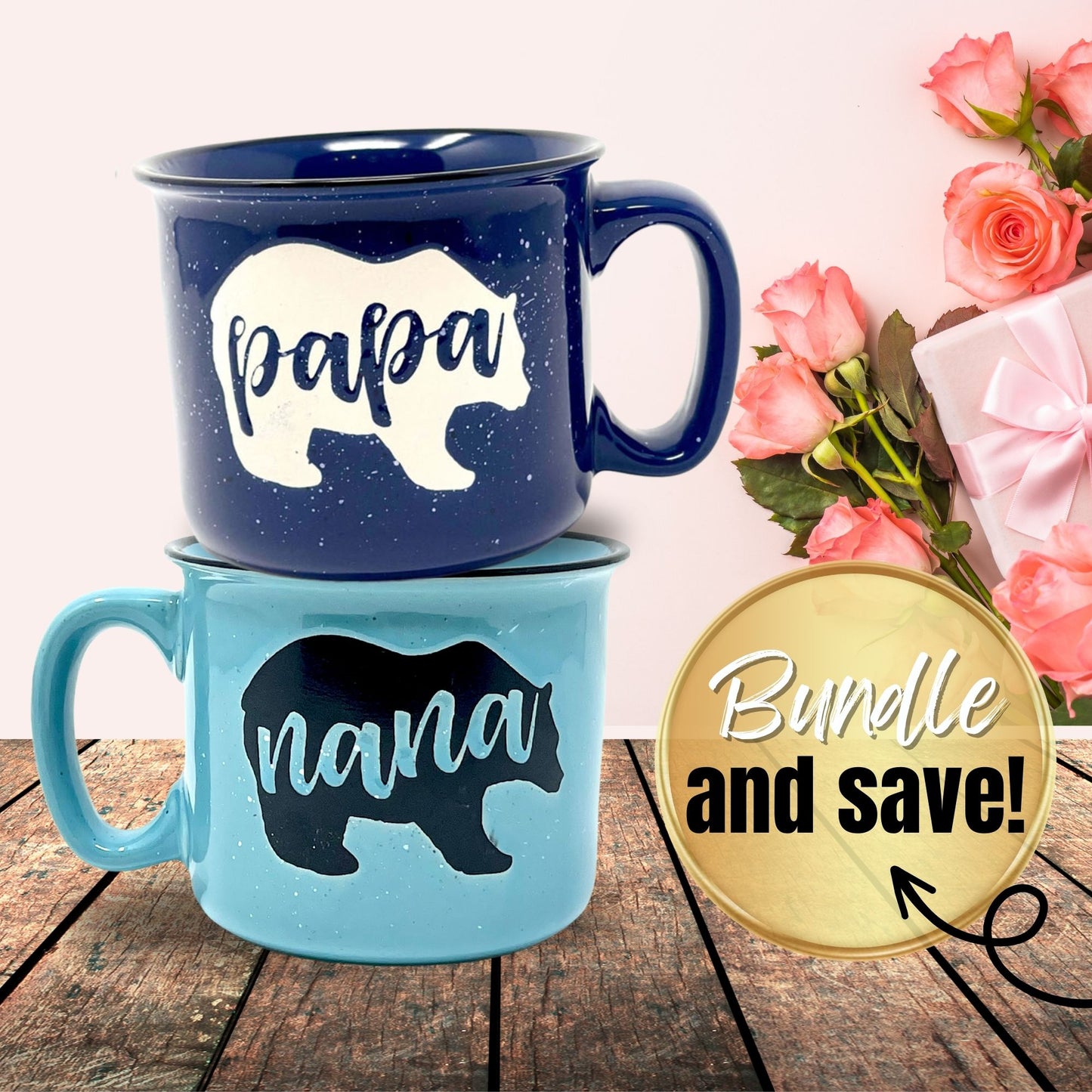 Nana Bear Teal & Papa Bear Navy Blue Coffee Mug Gift Set - Cute, Large Coffee Cup Sets for Parents, Couples, Grandparents - Unique Fun Gifts for Him, Her, Birthday, Anniversary, Mother's Day, Father's Day, Christmas