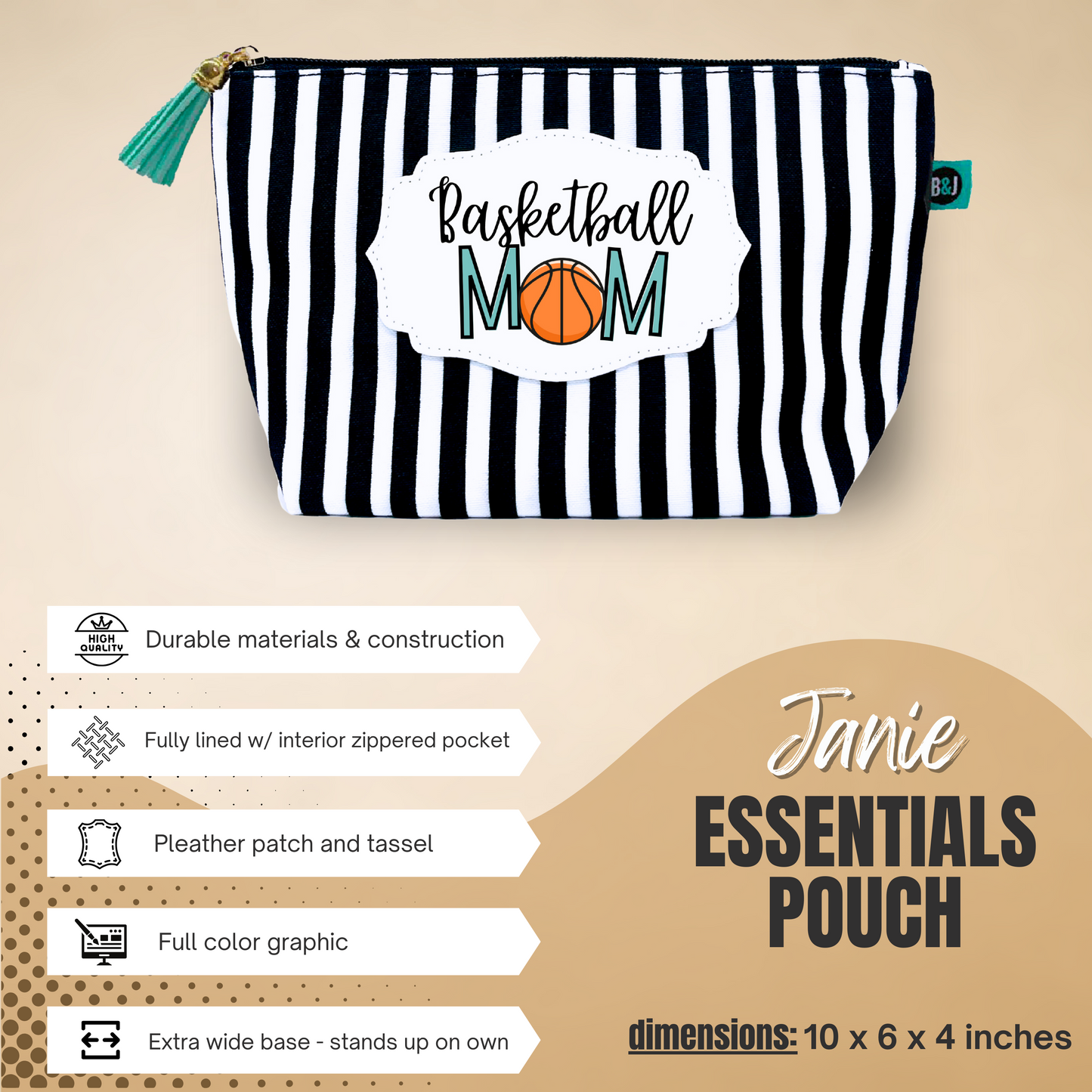 Brooke and Jess Designs - Basketball Mom Tessa Black Tote Bag, 24 oz Waterbottle Tumbler, and Janie Makeup Cosmetic Bag Gift Box Set