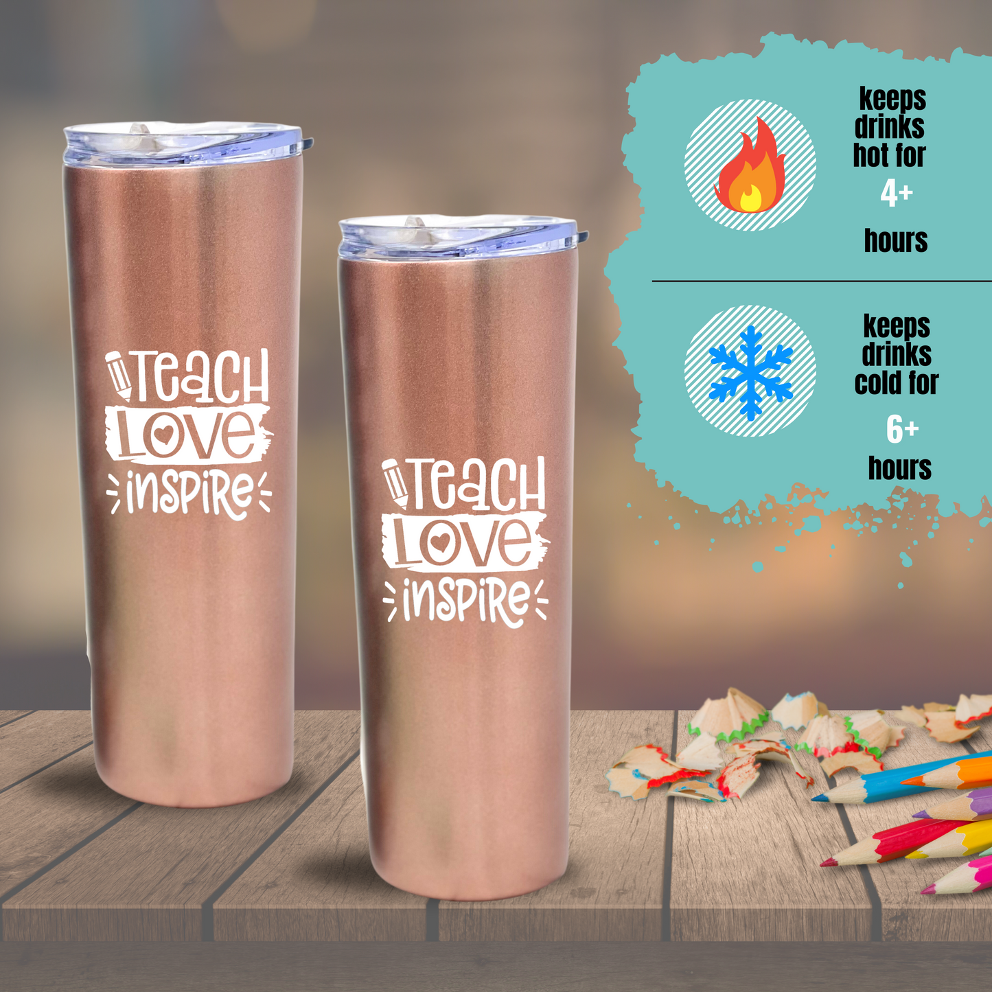Cute Fun Unique Tumblers for Teachers - Double Walled Vacuum Sealed 20 oz Skinny Stainless Steel - Great Gift for Teachers, Educators, Teacher Appreciation Day (Teach Love Inspire Rose Gold 4 Pack)
