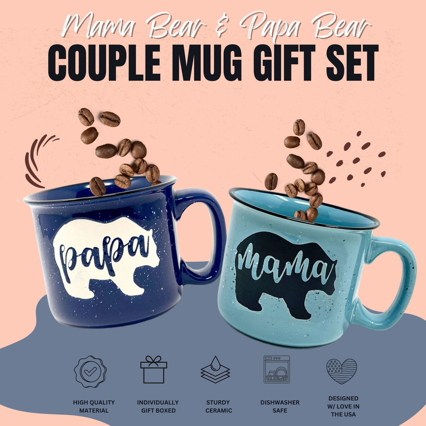 Mama Bear & Papa Bear Coffee Mug - Cute Coffee Cups for Men and Women - Unique Fun Gifts for Him, Her, Mother's Day, Father's Day, Christmas (Mama Bear Teal & Papa Bear Dark Blue Gift Set)