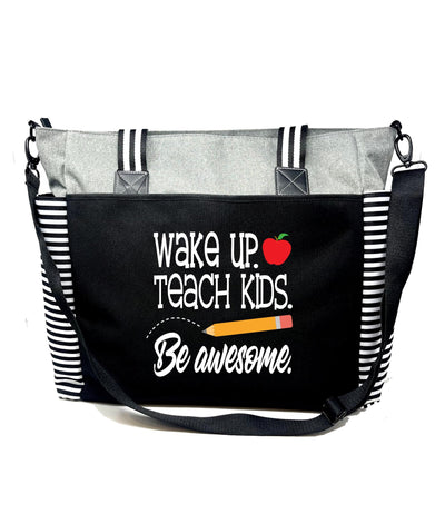 Brooke & Jess Designs Wake Up Teach Kids Gray Teacher Laptop Tote Bag for Work, Travel - Best Teacher Appreciation Day Gift, Birthday