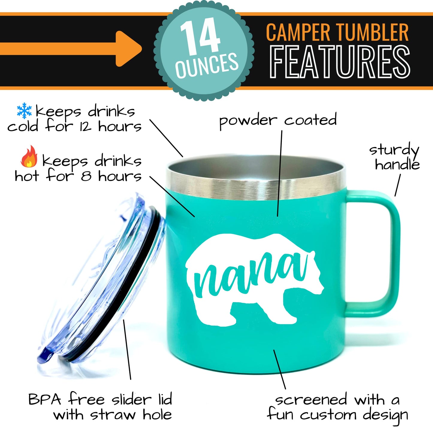 Nana Bear 14 oz Teal Camper Tumbler for Grandmothers - Outlet Deal Utah