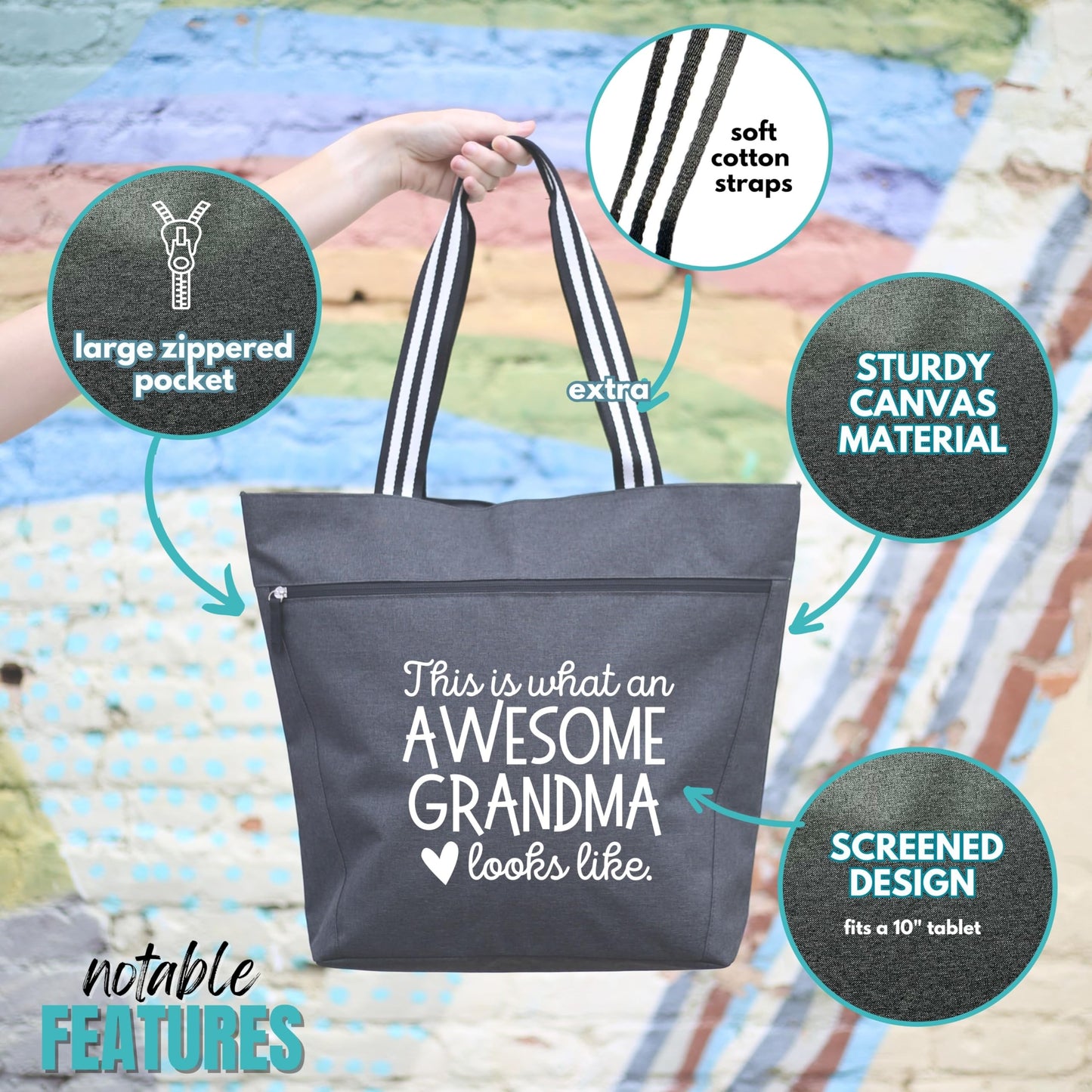 Large Zippered Tote Bag with Pockets for Grandmas, Grandmother, Nana - Grandma's Getaway Bag - Perfect for Work, Gifts for Granny, Mother's Day, Christmas, Birthday (Awesome Grandma Lexie Black)
