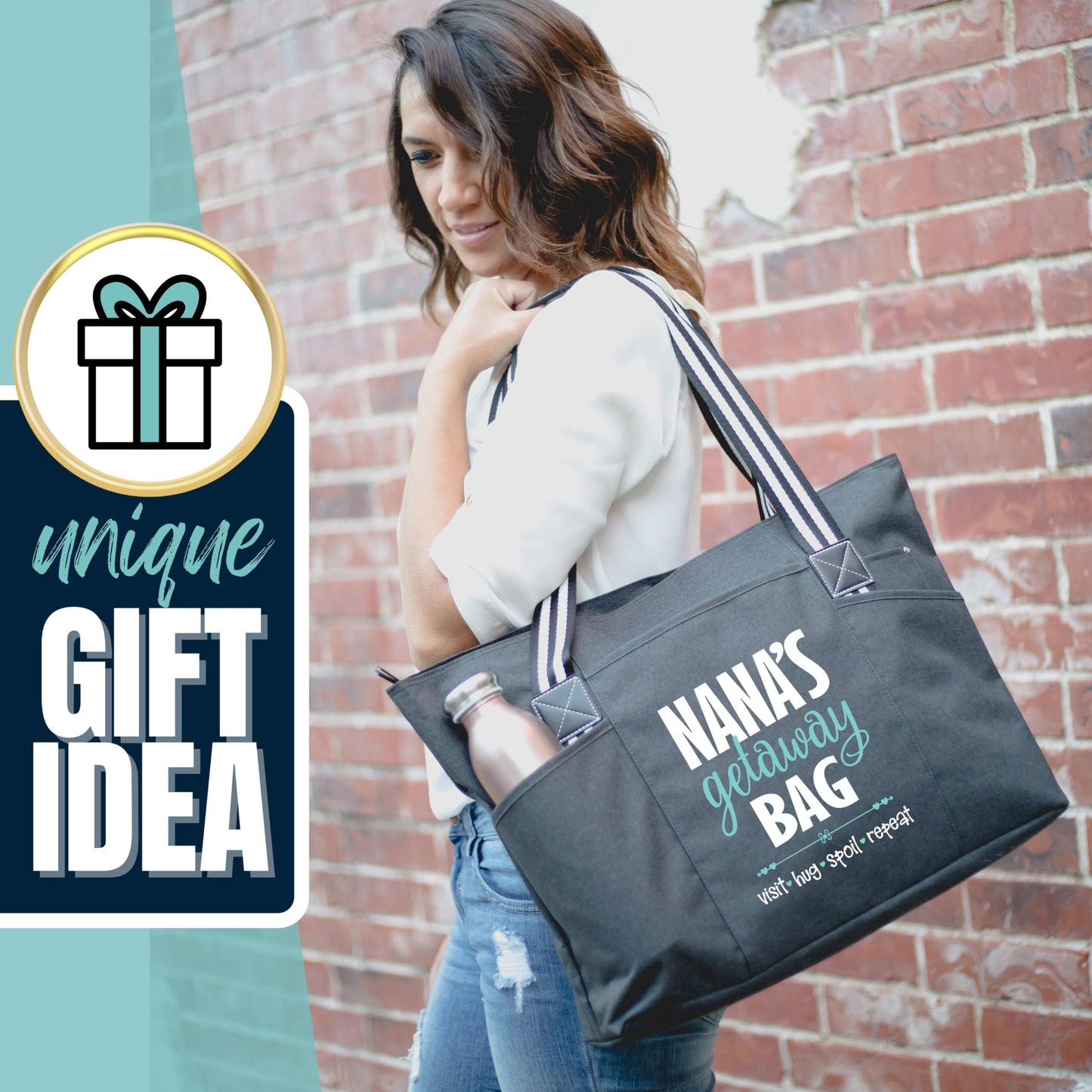 Brooke & Jess Designs Grandma Gifts, Nana Gifts Tote Bag - Perfect for Work, Gift for Granny, Mother's Day from Grandkids (Nana's Getaway Tessa Black)