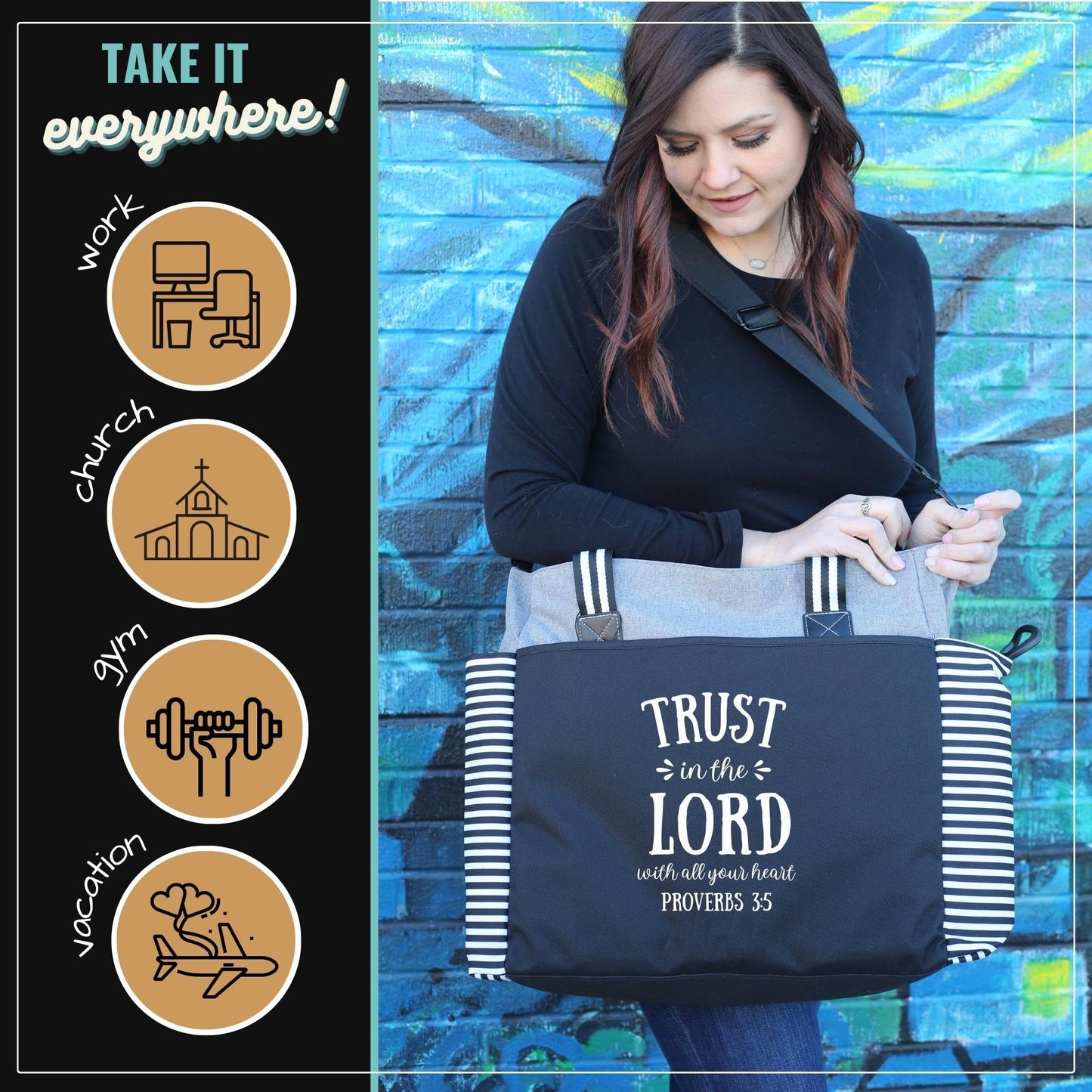 Large Zippered Inspirational Tote Bags for Women - Christian Gift Ideas (Trust in the Lord Lou Lou Gray)