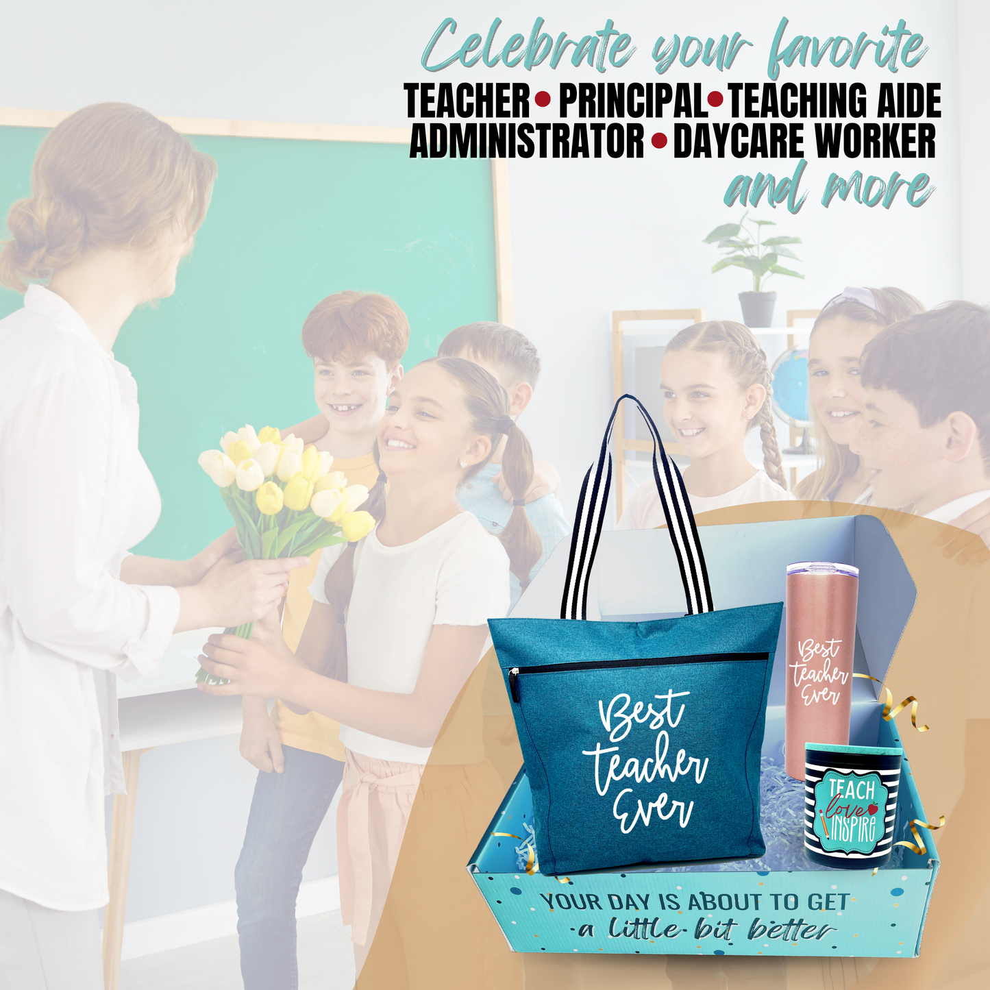 Brooke and Jess Designs - Best Teacher Ever Teal Lexie, 20 oz Skinny Stainless Steel Tumbler, and Teach Love Candle Bundle Gift Set Box