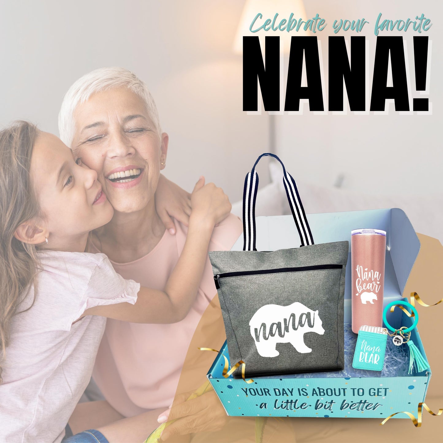 Brooke & Jess Designs Nana Bear Gift Box Bundle - Great Christmas Gift from Grandkids (Nana Bear Skinny Tumbler Gift Box)