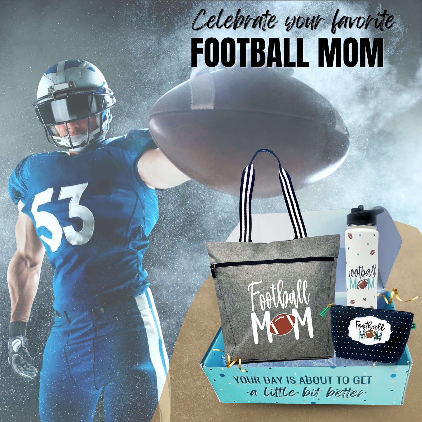 Brooke and Jess - Football Mom Lexie Gray Tote Bag, 24 oz Waterbottle Tumbler, and Janie Makeup Cosmetic Bag Gift Box Set