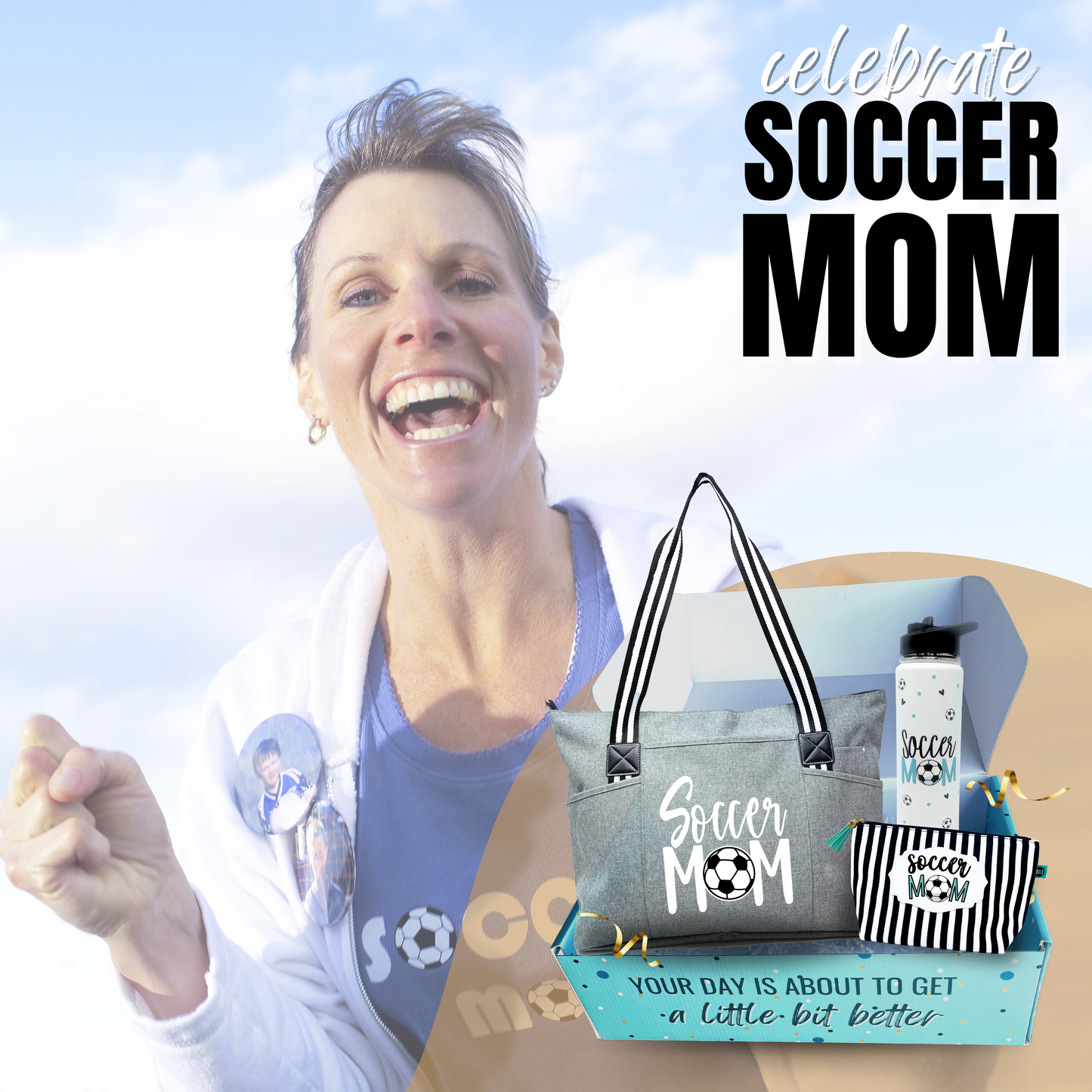 Brooke and Jess Designs - Soccer Mom Tessa Black Tote Bag, 24 oz Waterbottle Tumbler, and Janie Makeup Cosmetic Bag Gift Box Set