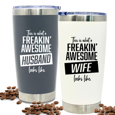 Funny Gift for Husband and Wife - Awesome Wife Cup Husband Tumbler Coffee Mug - Great Travel Cup Gifts for Husbands and Wives, Birthday Presents for Her, Him (Husband and Wife 20 oz Tumbler Gift Set)
