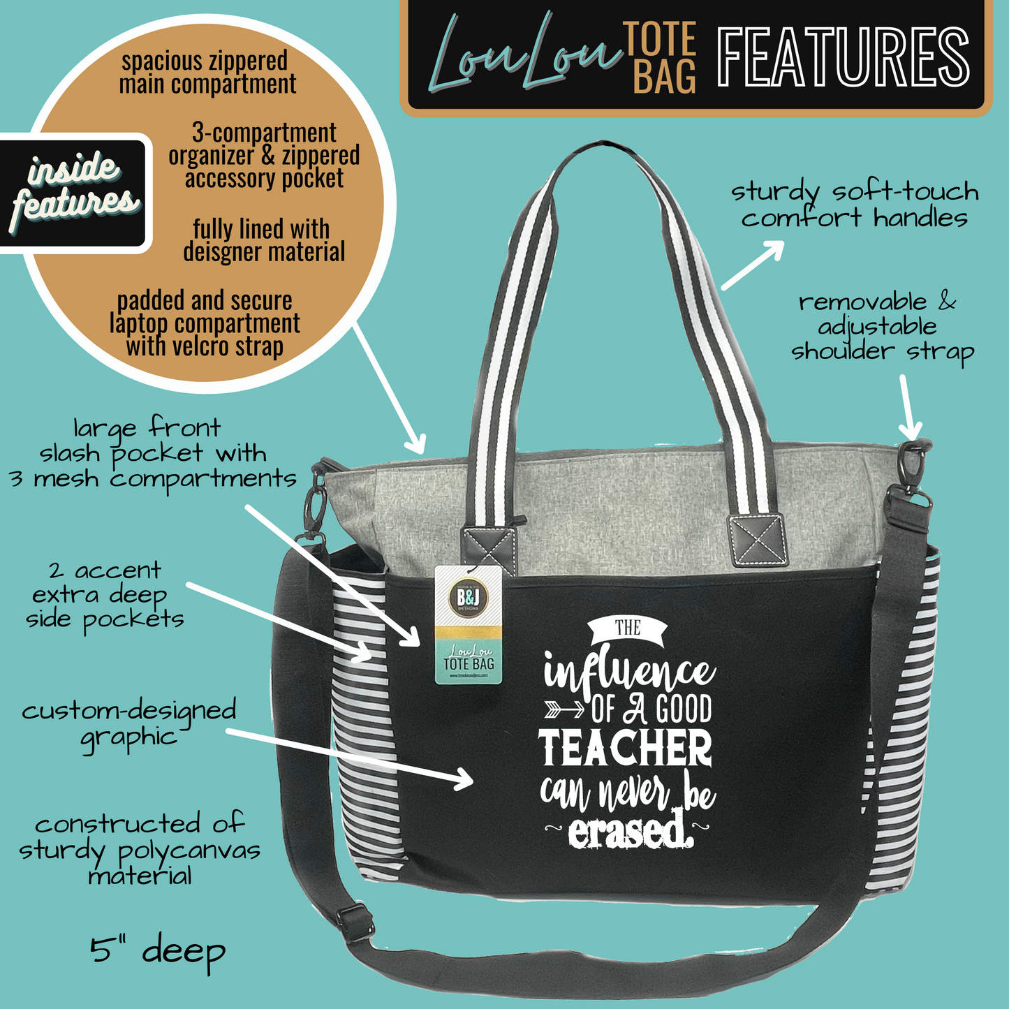 Teacher Influence LouLou Gray Tote Bag for Teachers Outlet Deals Utah