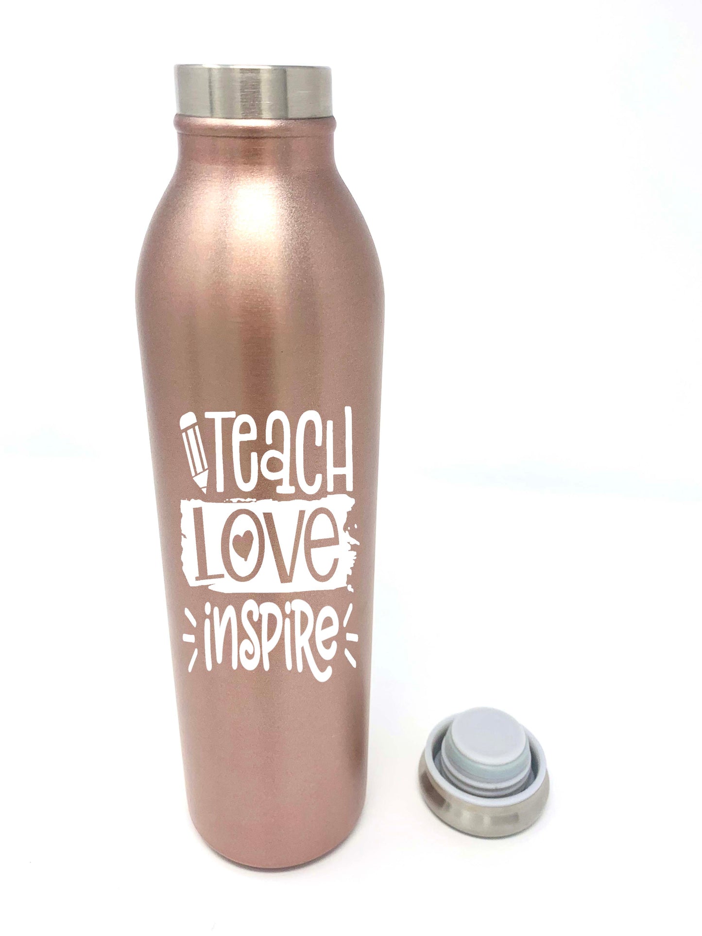 Slim Stainless Steel Double Wall Insulated Water Bottle, 20 oz Rose Gold Teach Love Inspire Water Bottle