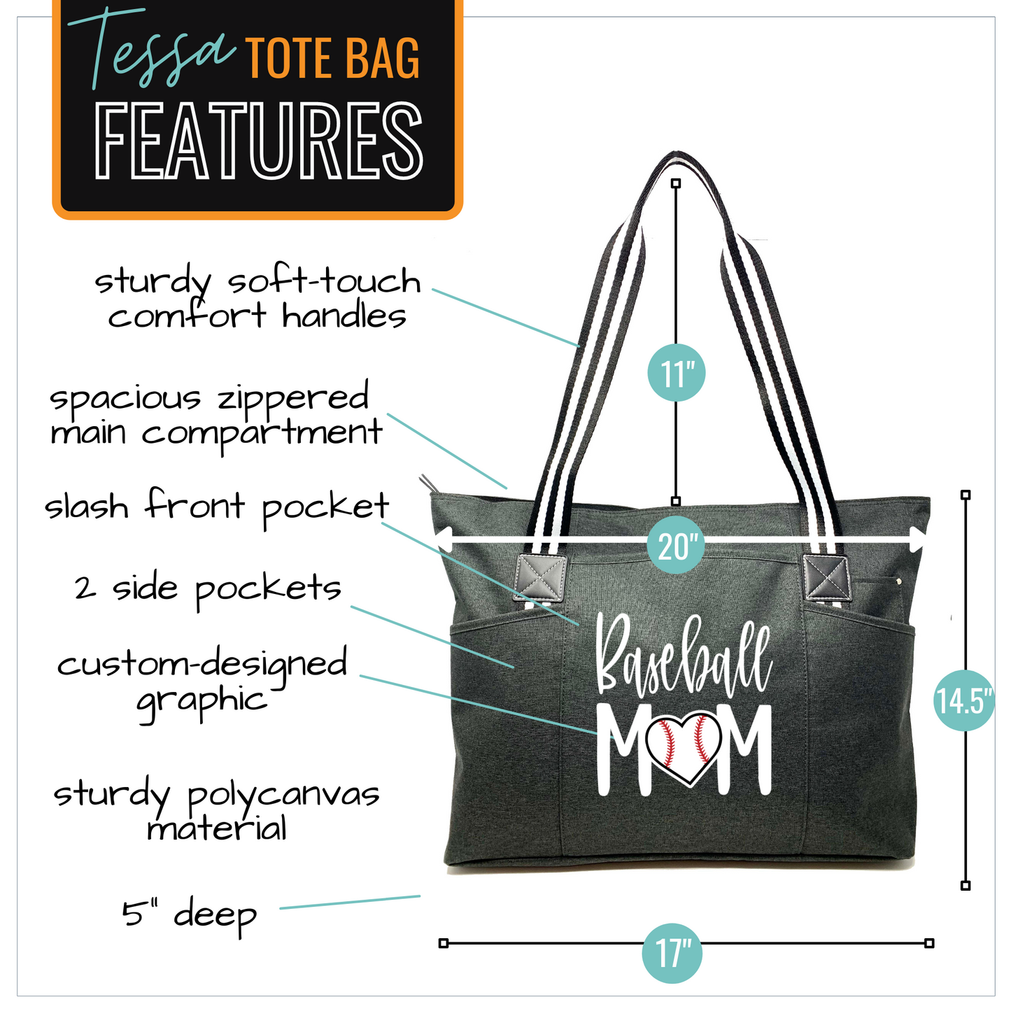 Baseball Mom Tessa Black Tote Bag for Moms - Outlet Deal Utah