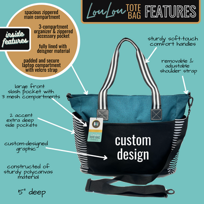 Custom-Designed & Personalized TEAL LouLou Tote Bag with Multiple Zippers and Compartments