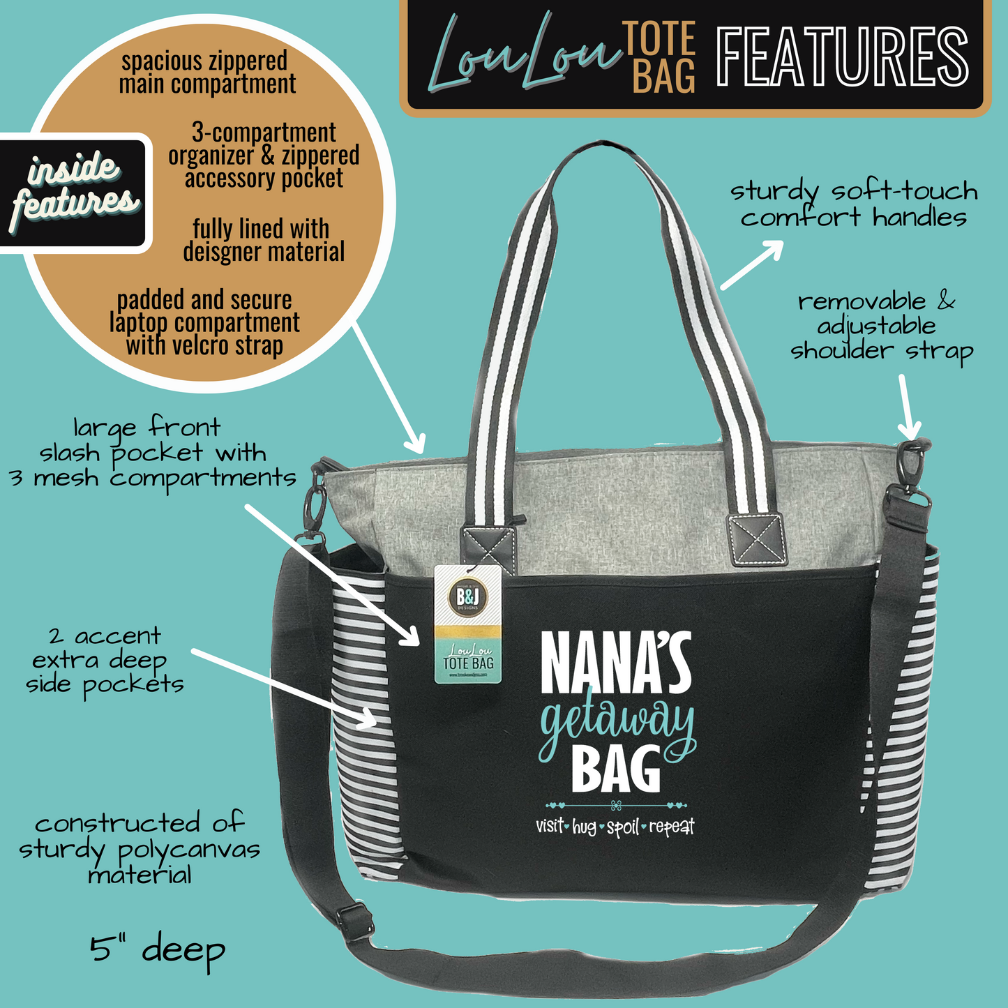 Nana's Getaway LouLou Gray Tote Bag for Grandmothers