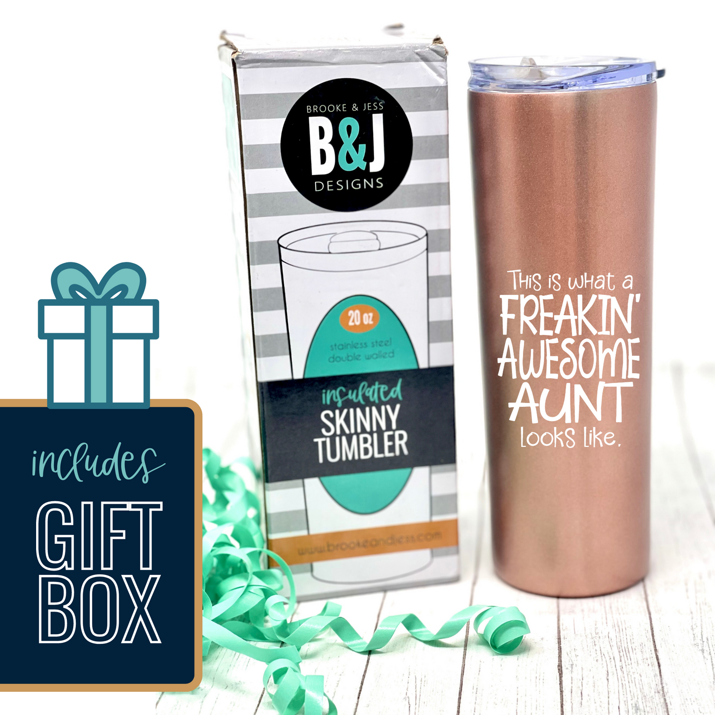 Freakin' Awesome Aunt 20 oz Rose Gold Skinny Tumbler for Aunts