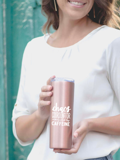 Chaos Coordinator Fueled by Caffeine 20 oz Rose Gold Skinny Tumbler for Bosses - Outlet Deals Utah