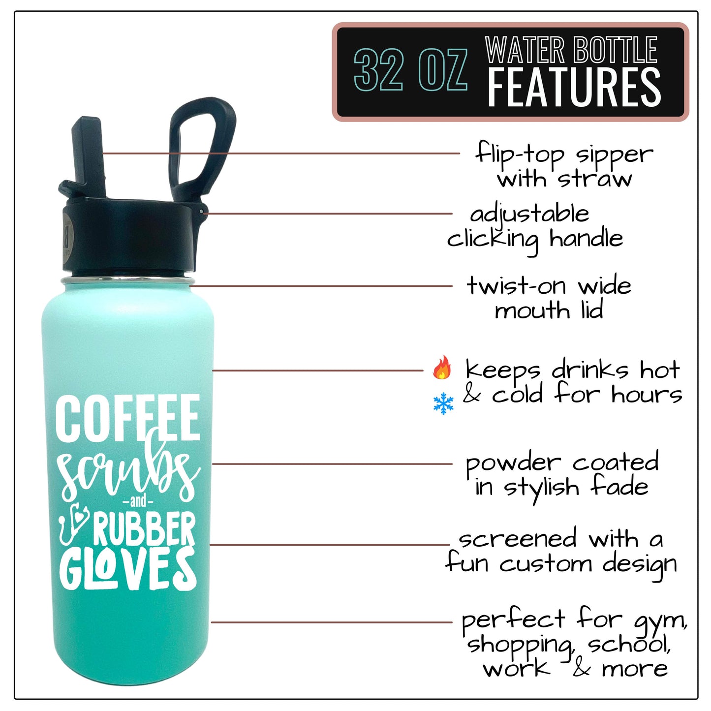 Coffee Scrubs 32 oz Teal Water Bottle for Medical Workers - Outlet Deals Texas