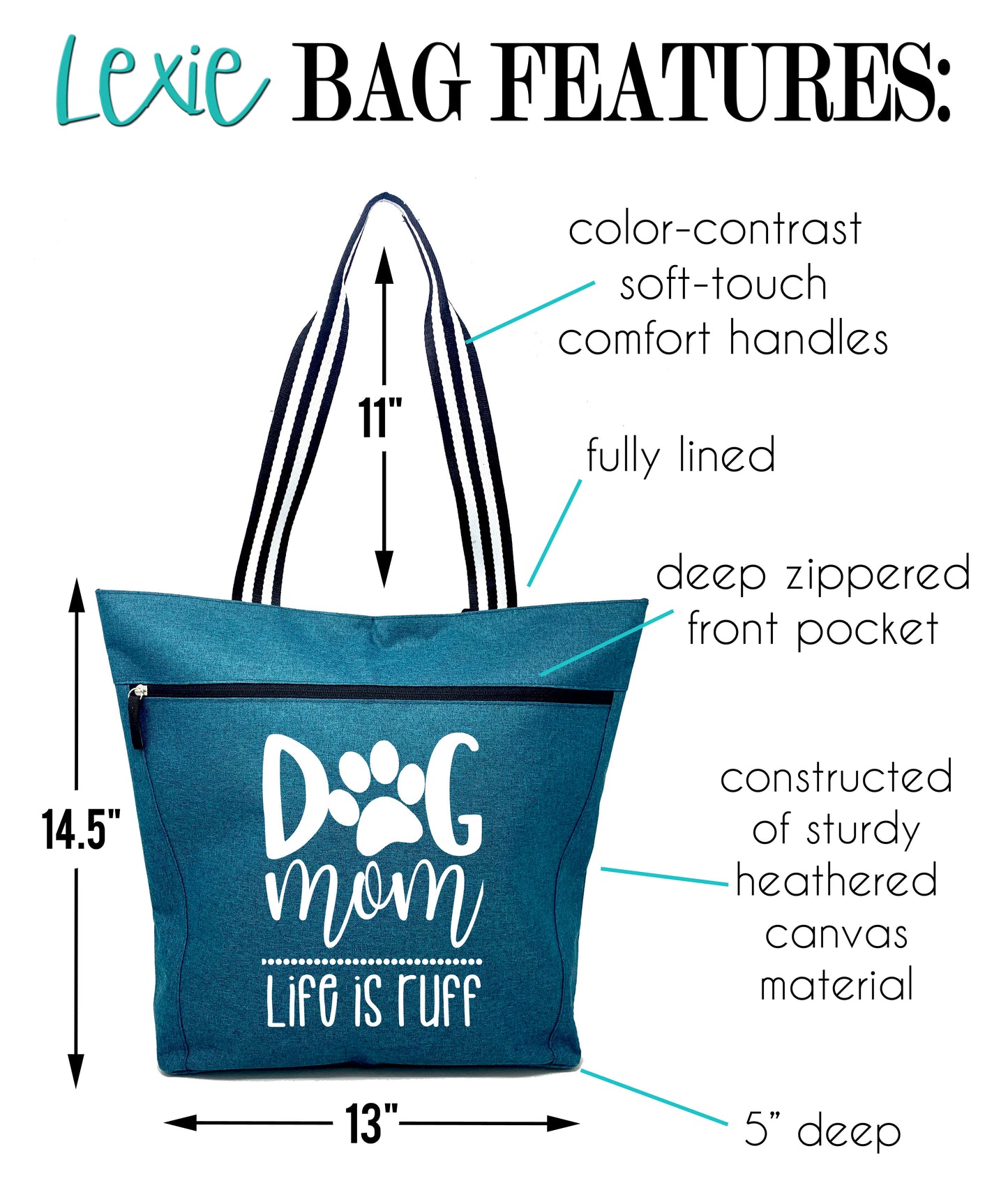 Dog Mom - Life is Ruff Lexie Teal Tote Bag for Dog Lovers - Outlet Deal Utah
