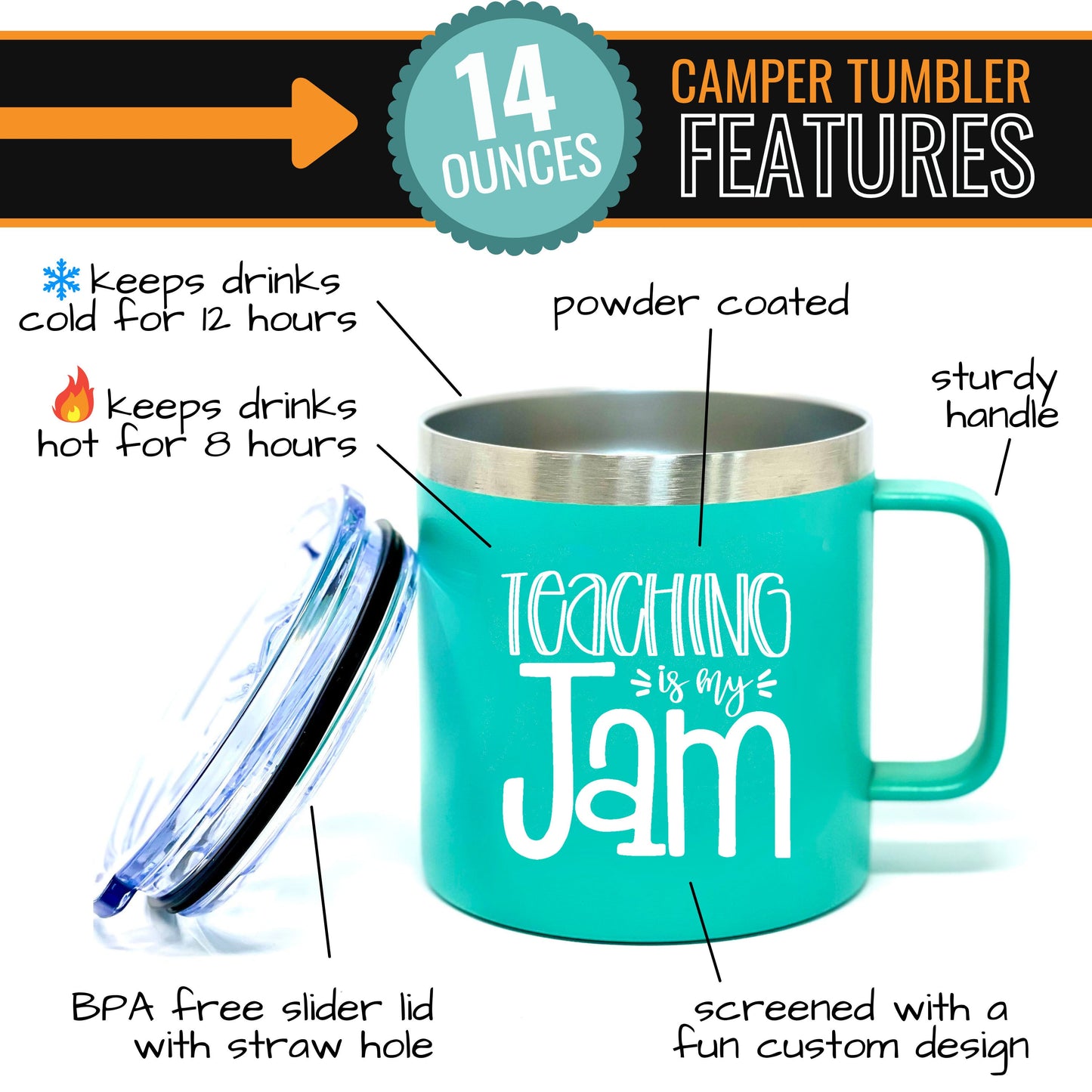 Teaching is My Jam 14 oz Teal Camper Tumbler for Teachers - Outlet Deals Texas