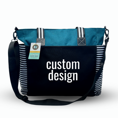 Custom-Designed & Personalized TEAL LouLou Tote Bag with Multiple Zippers and Compartments