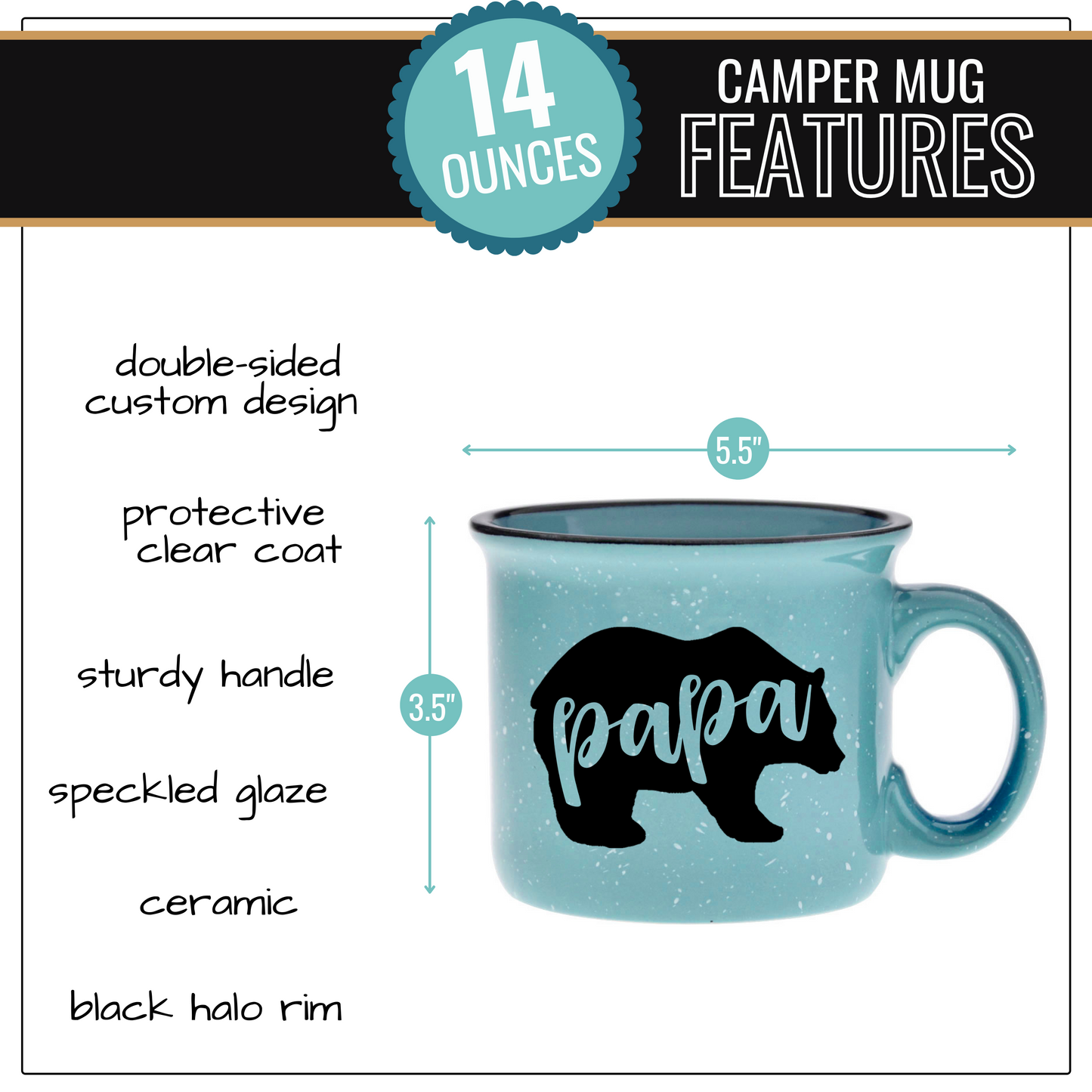 Papa Bear 15 oz Teal Ceramic Mug for Dads - Outlet Deal Texas