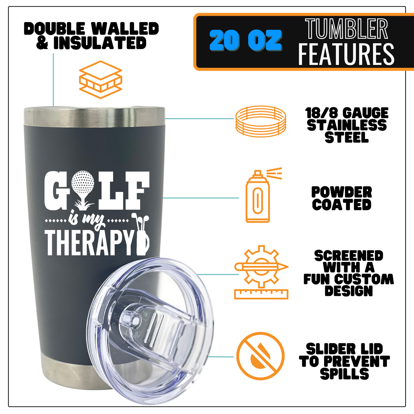 Golf Therapy 20 oz Gray Tumbler for Golfers