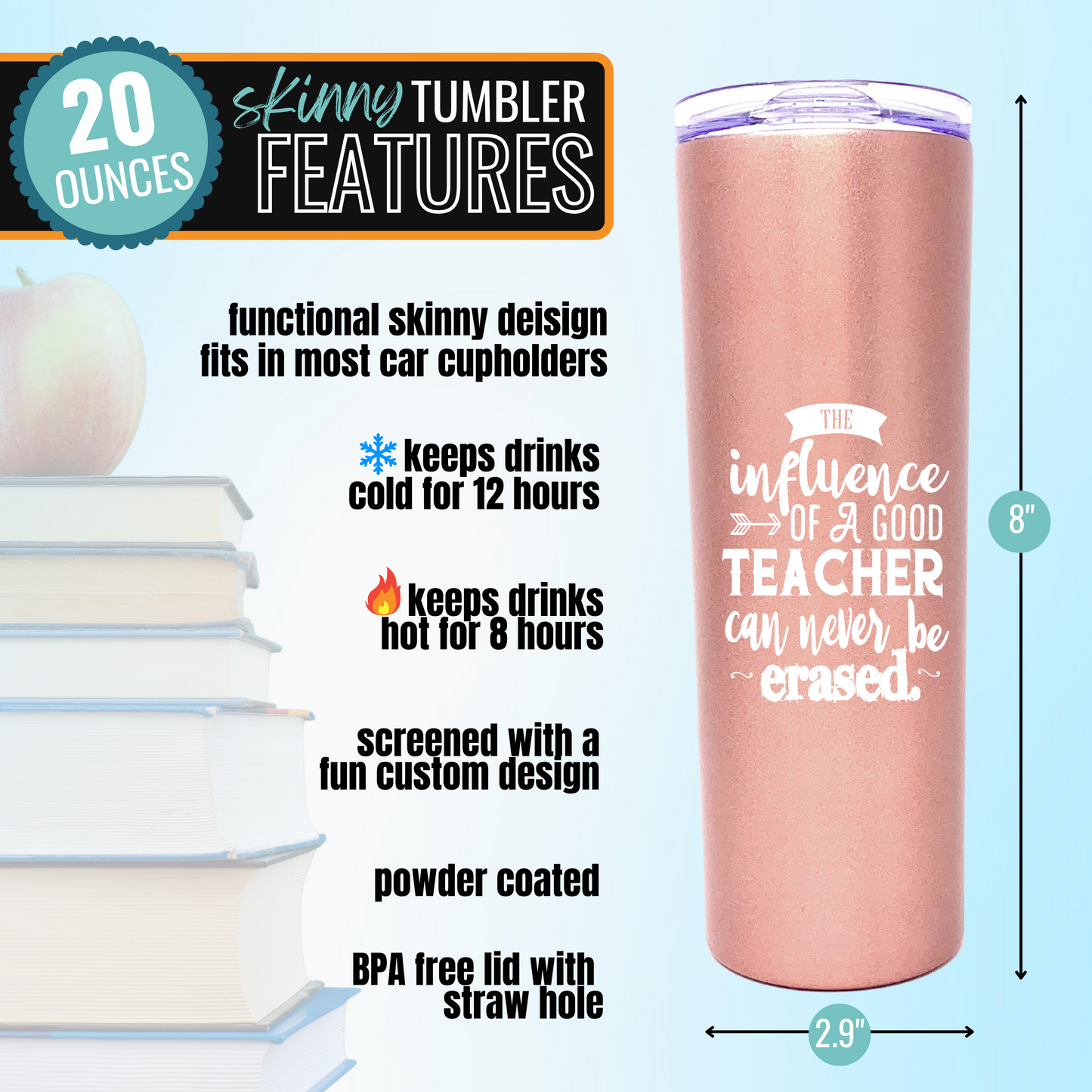 Cute Fun Unique Tumblers for Teachers - Double Walled Vacuum Sealed 20 oz Skinny Stainless Steel - Great Gift for Teachers, Educators, Teacher Appreciation Day (Teach Love Inspire Rose Gold 4 Pack)