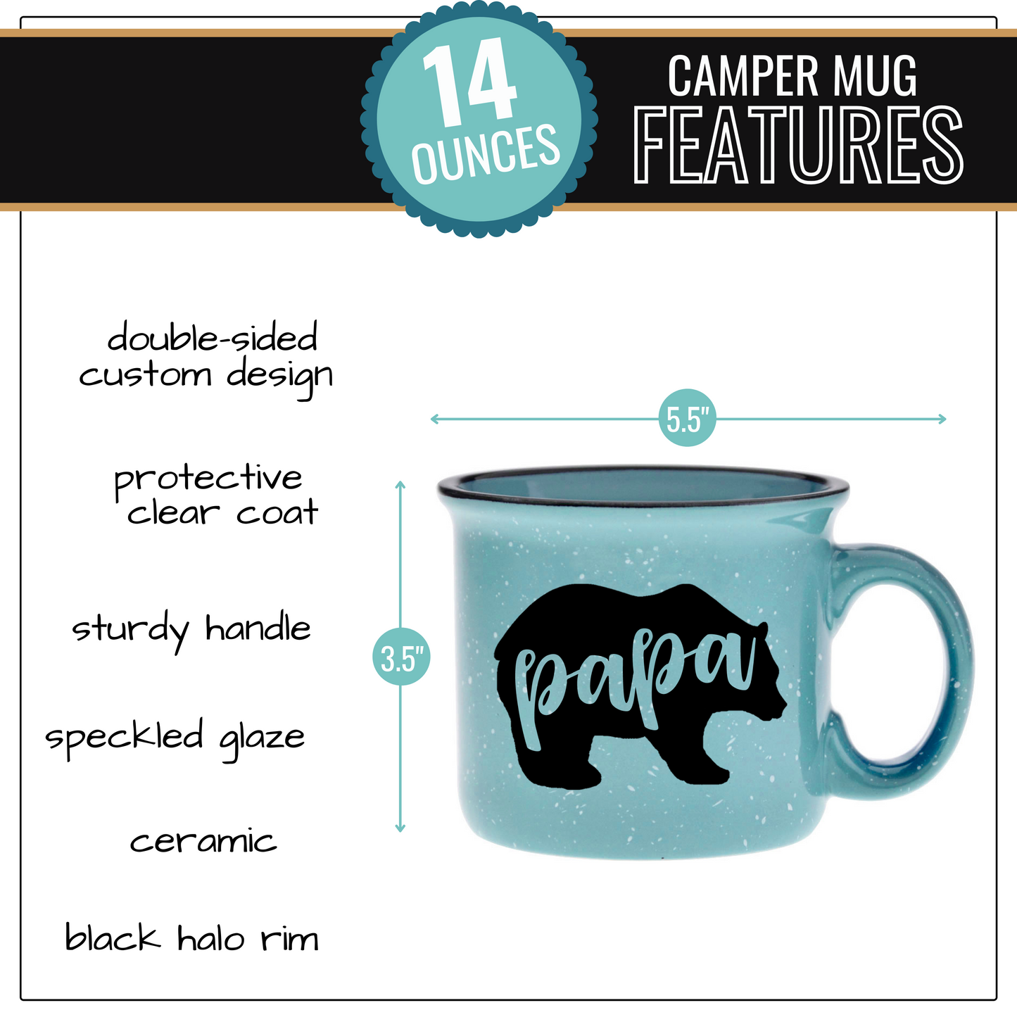 Papa Bear 15 oz Teal Ceramic Mug for Dads - Outlet Deal Utah