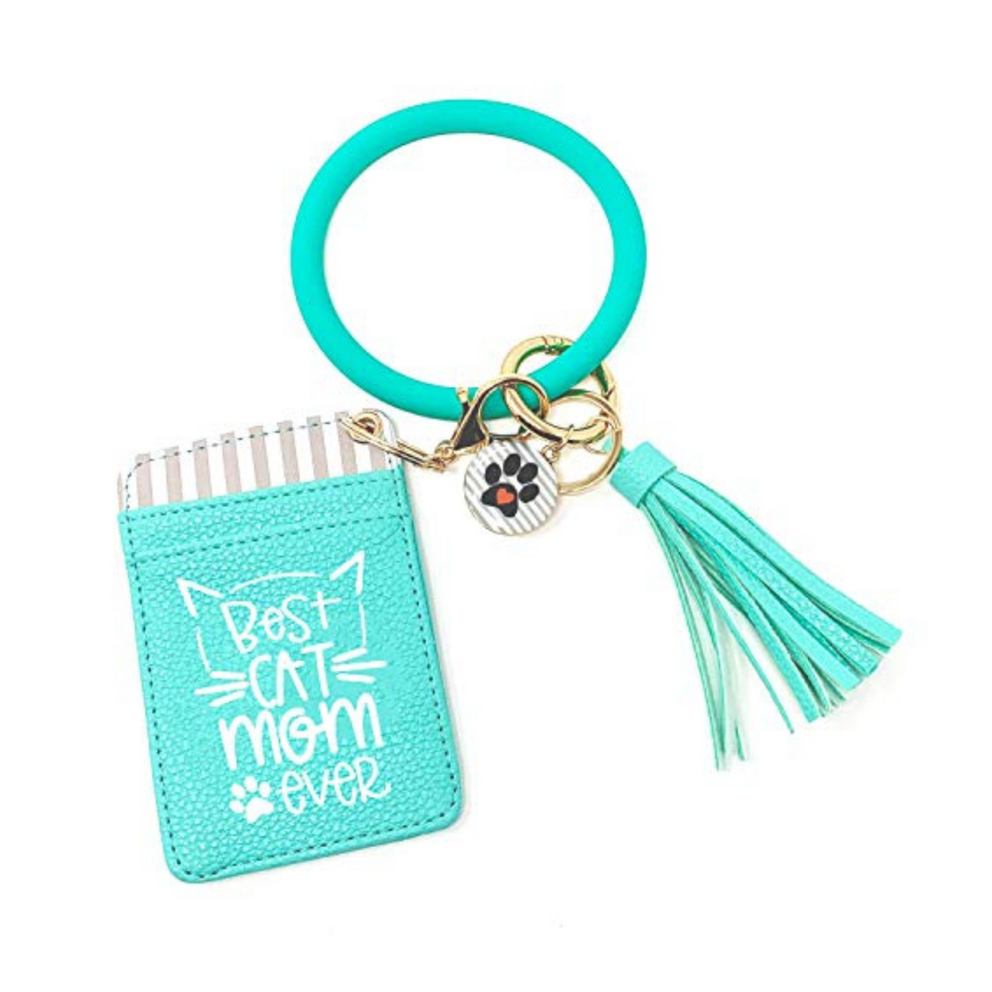 Best Cat Mom Ever Teal Silicone Bracelet Keychain Wallet for Cat Lovers