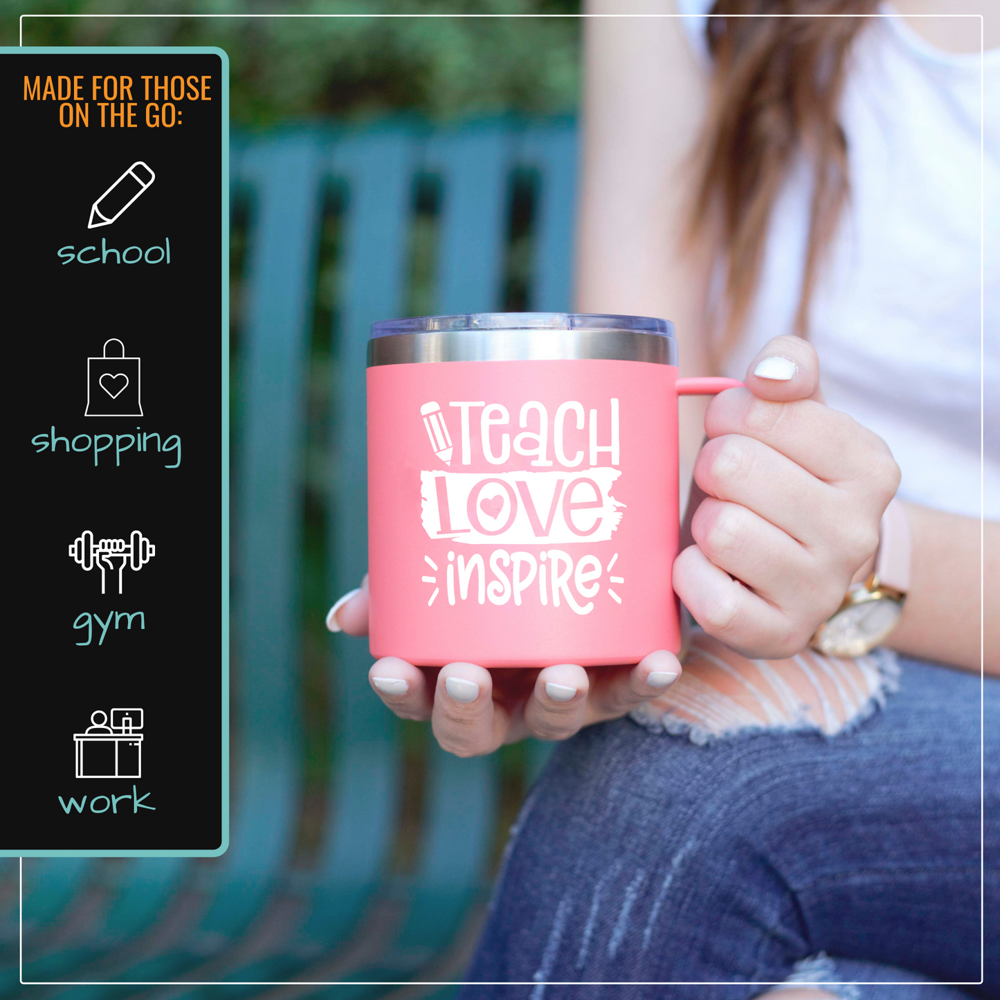 Teach Love 14 oz Coral Camper Tumbler for Teachers