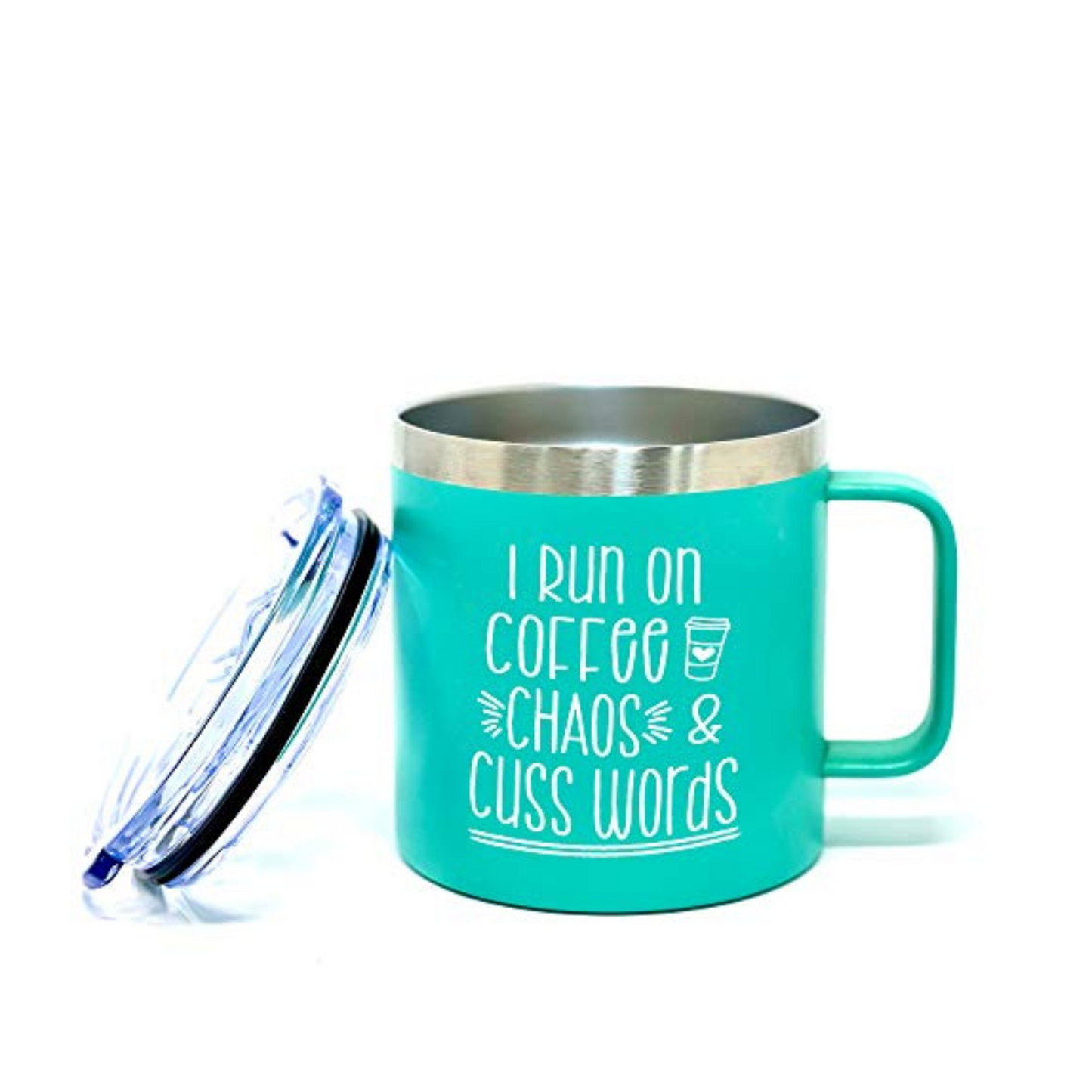 I Run on Chaos, Coffee, Cuss Words 14 oz Teal Camper Tumbler for Bosses