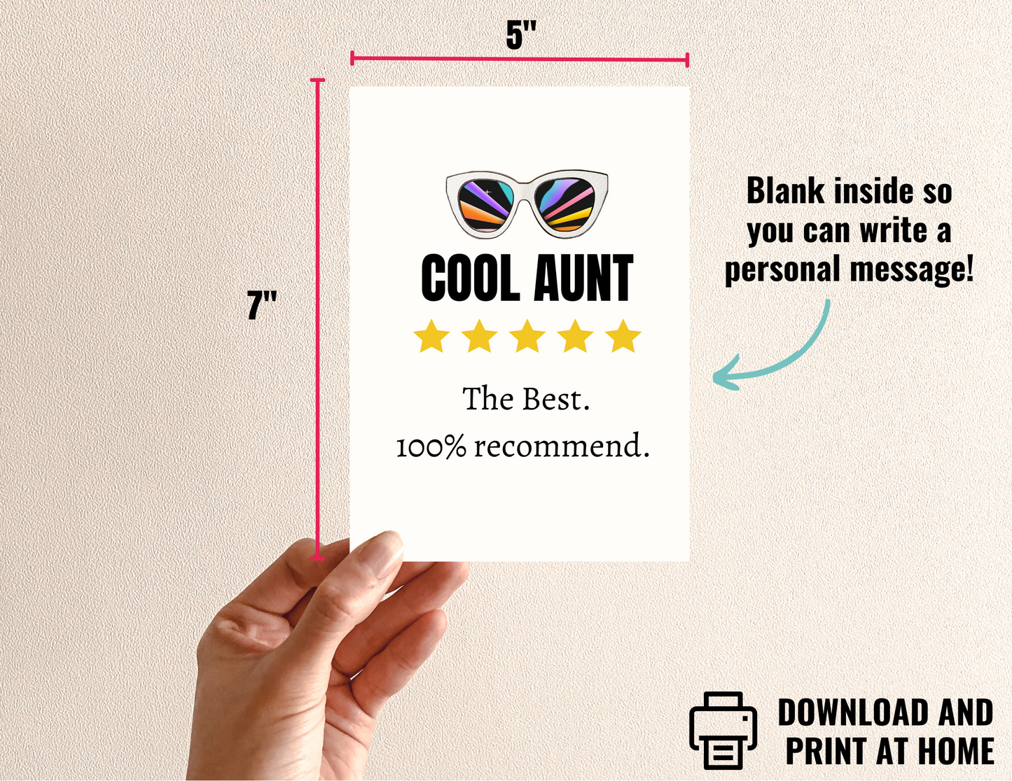 Witty Funny Cool Aunt 100% Recommend Printable 5 x 7 " and BONUS 5 x 5" Greeting Card for Aunt, Thank You, Just Because, Happy Birthday