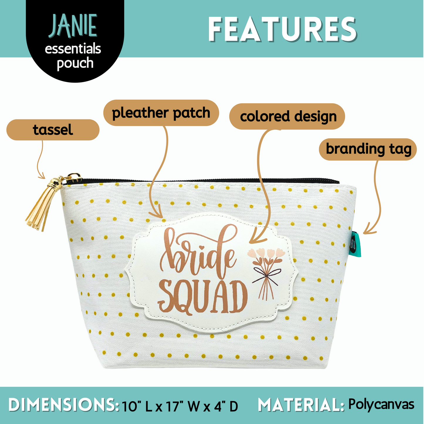 Bride Squad Gifts for Women Gold Dotted Janie Makeup Bags Cosmetic Bag Travel Toiletry Makeup Pouch Pencil Bag with Zipper Best Wedding Gifts
