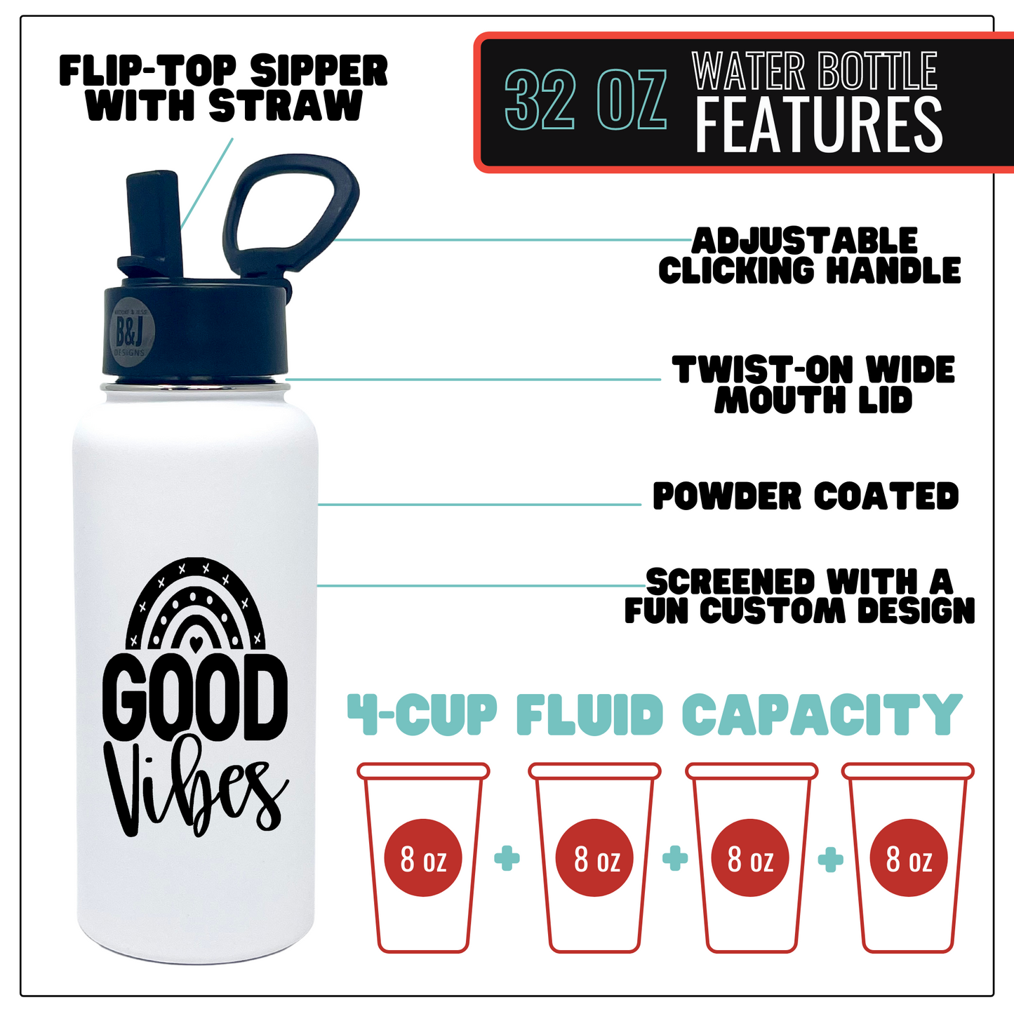 Good Vibes White 32 oz Water Bottle